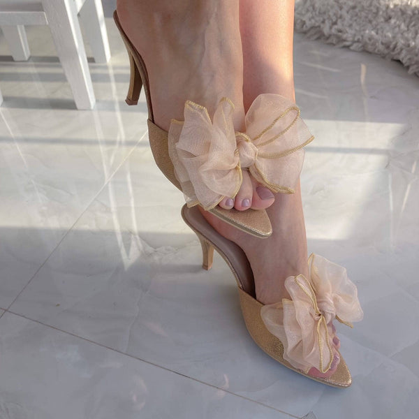 Champagne Heels With Bow Details