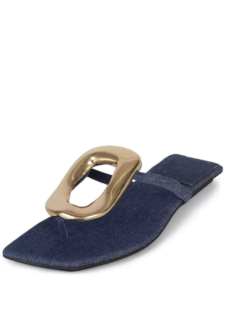 Denim Oval Buckle Flats Shoes  - Sowears