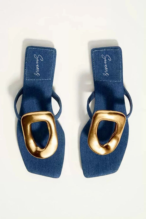 Denim Oval Buckle Flats Shoes  - Sowears