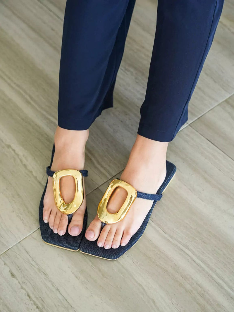 Denim Oval Buckle Flats Shoes  - Sowears