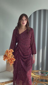 Ruched Dress In Maroon Floral