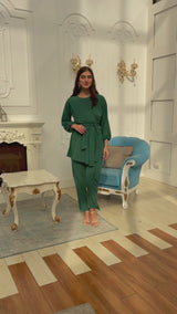 model wearing the emerald green co-ord sets