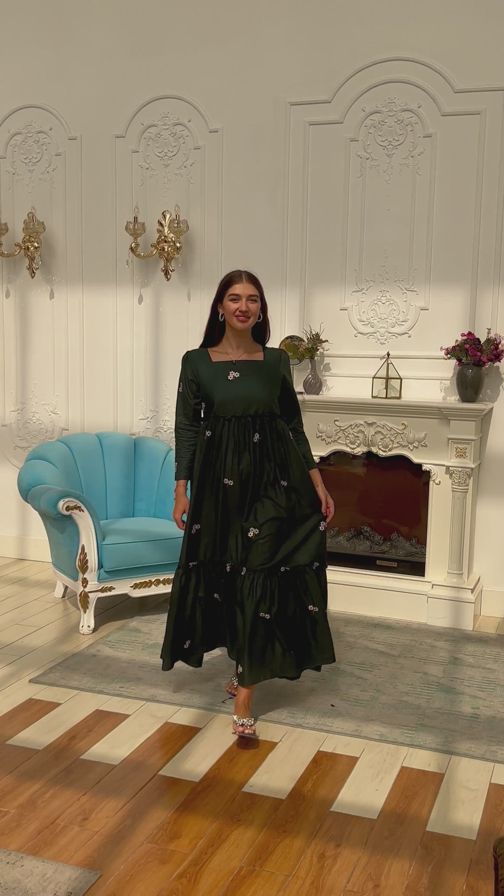 video of nova green embroidered dress