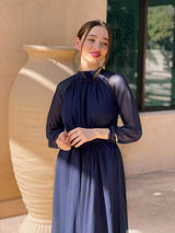 aria - navy blue chiffon dress with sleeves by sowears