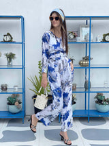 abstract blue and white floral jumpsuit by sowears