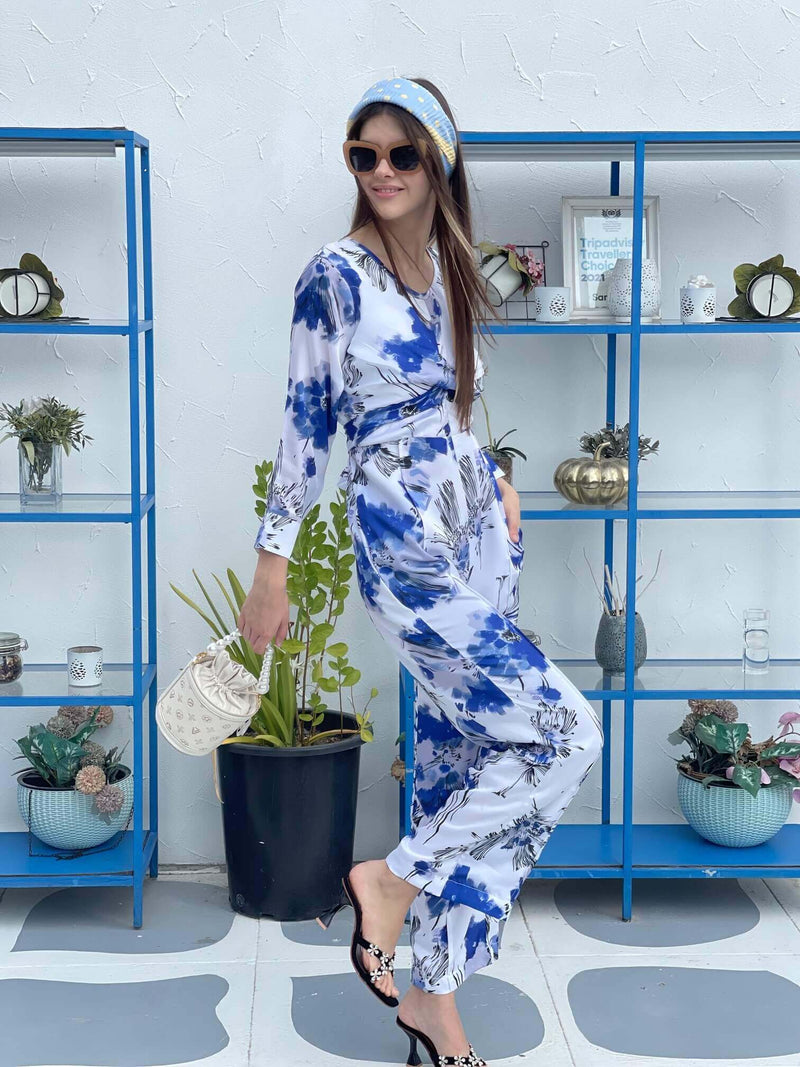 abstract blue and white floral jumpsuit by sowears