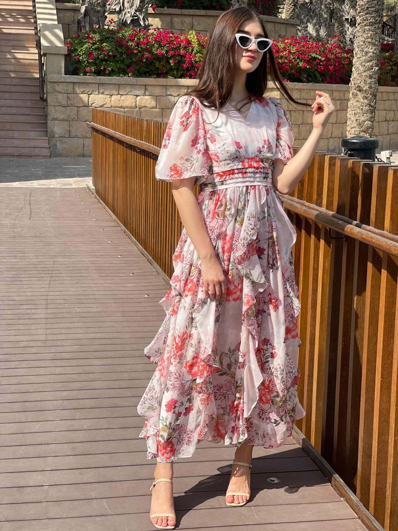Aurora Dress In Peach Floral Dresses  - Sowears