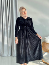 Black Pleated Velvet Dress Dresses  - Sowears