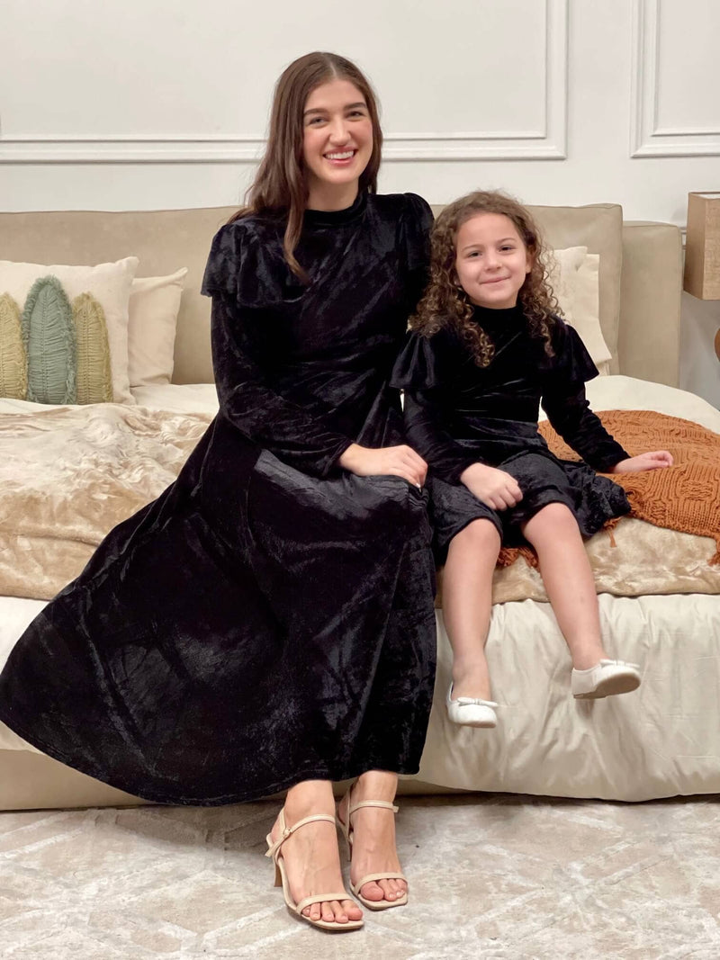 black velvet maxi dress with kid