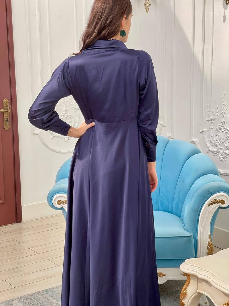 back of blue silk dress by sowears