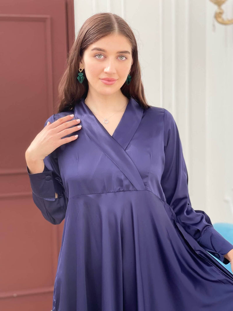 Buy Blue Silk Dress (V Neck & Full Sleeves)