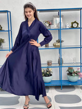 model wearing blue silk dress by sowears