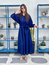 model wearing corfu blue maxi dress by sowears