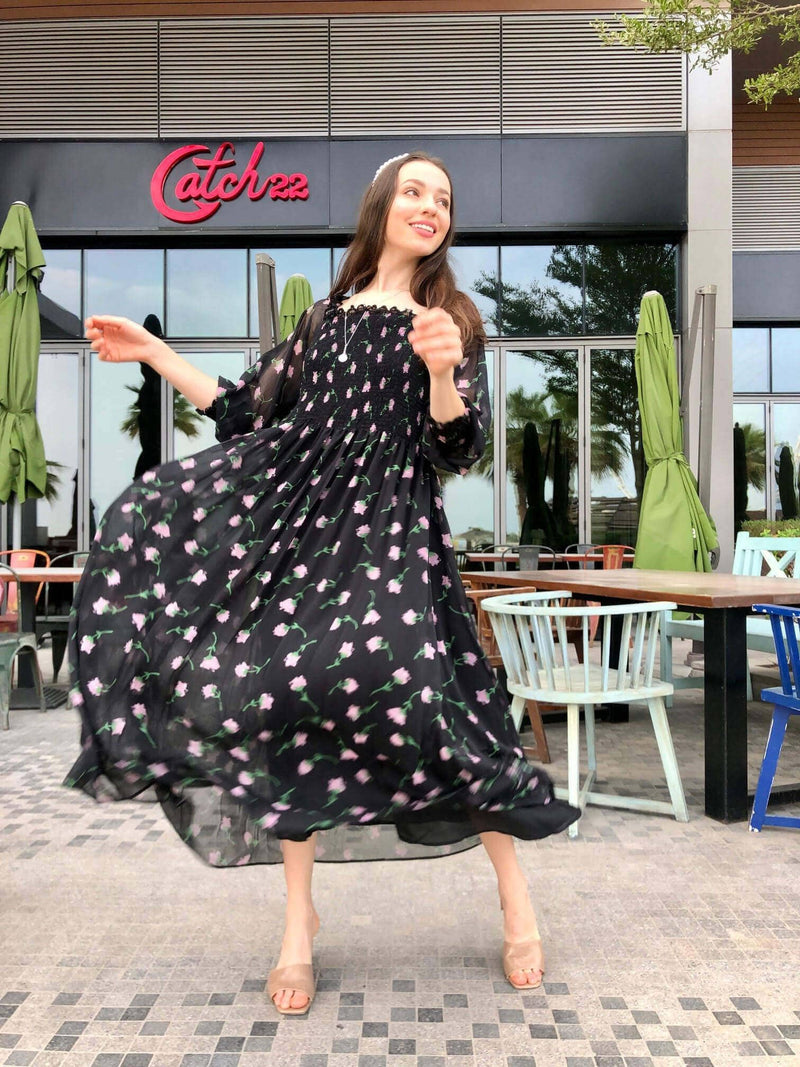 country girl black floral smocked dress by sowears