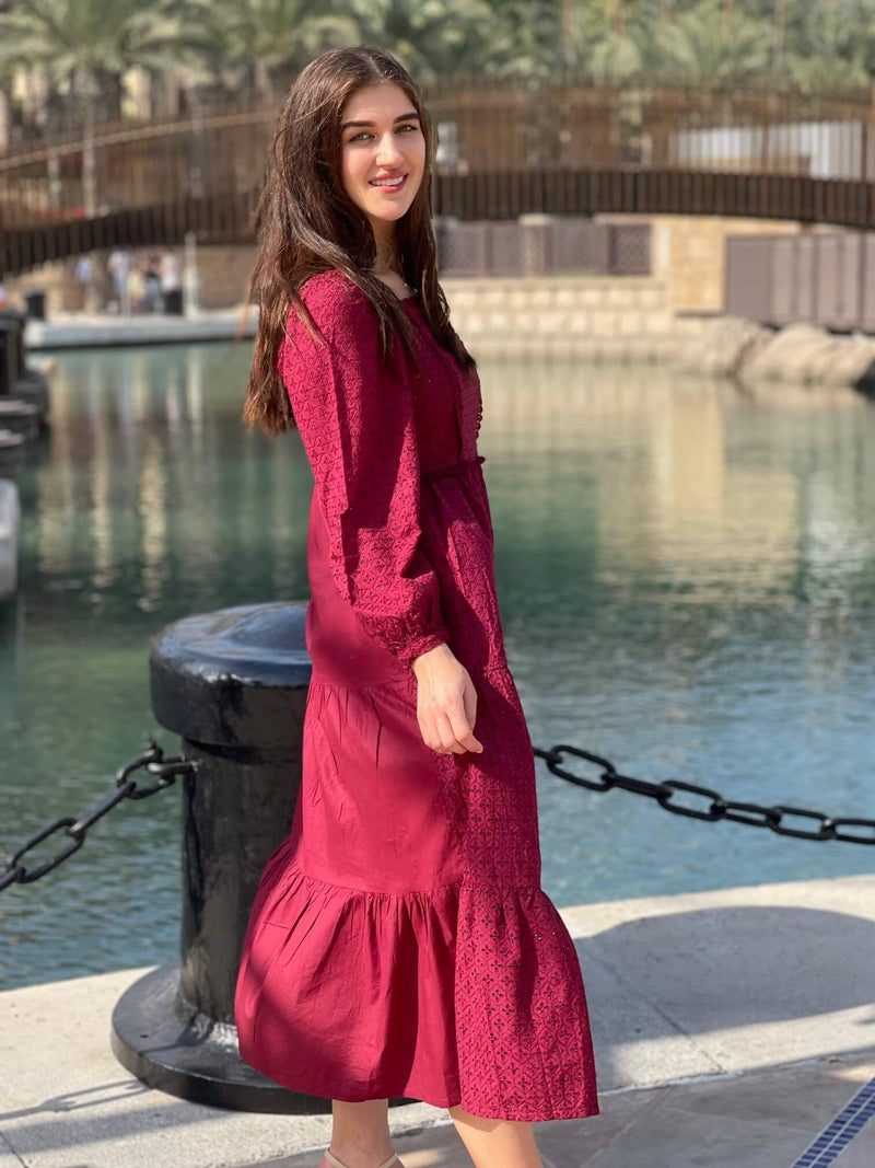 Cutwork Lace Dress In Maroon Dresses  - Sowears
