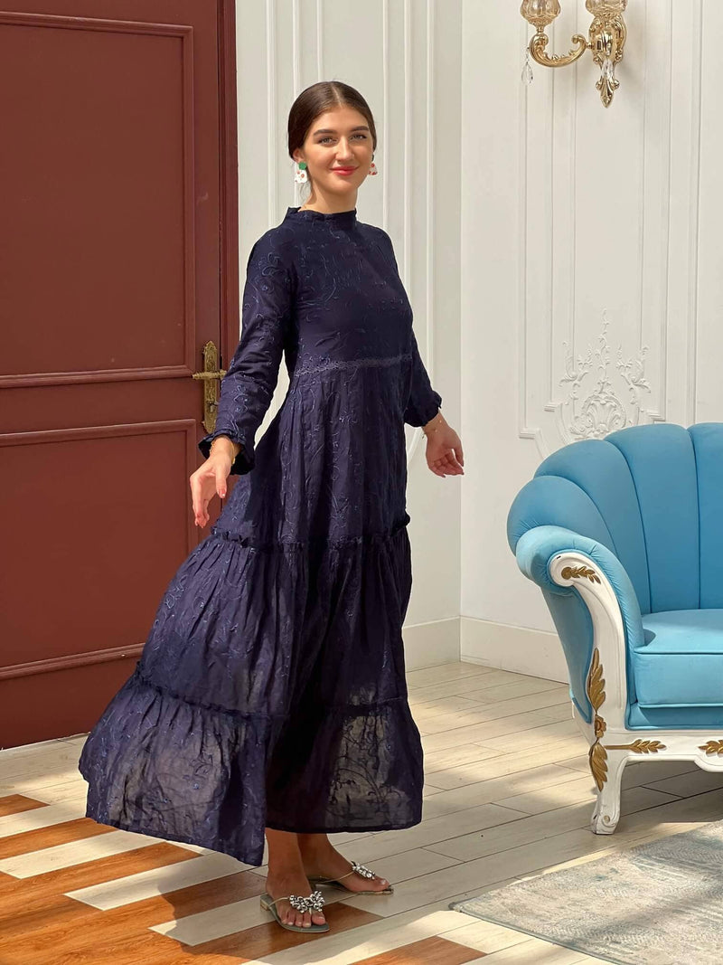 Embroidered Blue Lace Dress Dresses  - Sowears