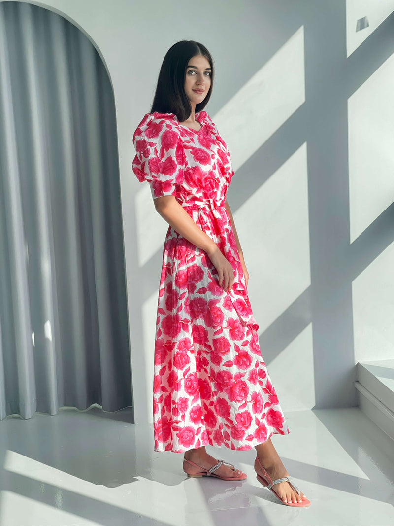 Long Pink Floral Dress - Flora | Sowears Long Pink Floral Dress - Flora | Sowears
