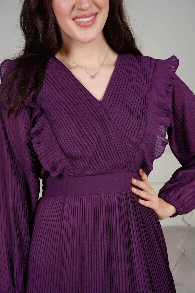 close up of purple pleated dress by sowears