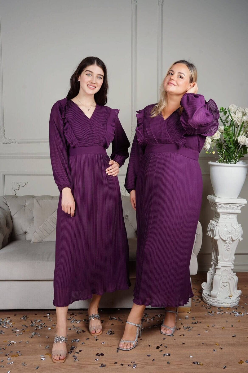 models wearing purple pleated dress by sowears