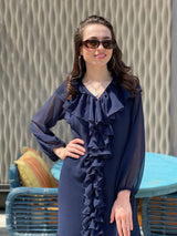 Frilly Solid Dress In Blue Dresses  - Sowears