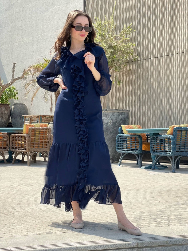 Frilly Solid Dress In Blue Dresses  - Sowears