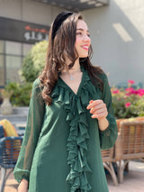 Frilly Solid Dress In Green Dresses  - Sowears