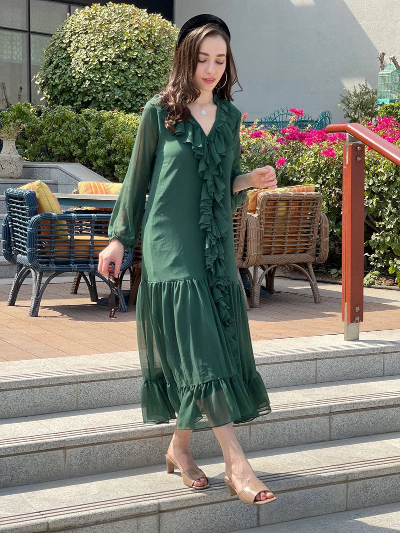 Frilly Solid Dress In Green Dresses  - Sowears