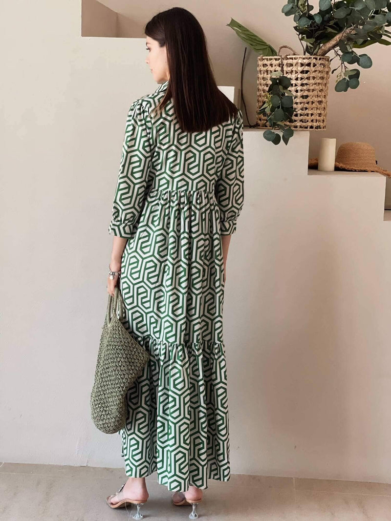 Geo Long Printed Dress In Green Dresses  - Sowears