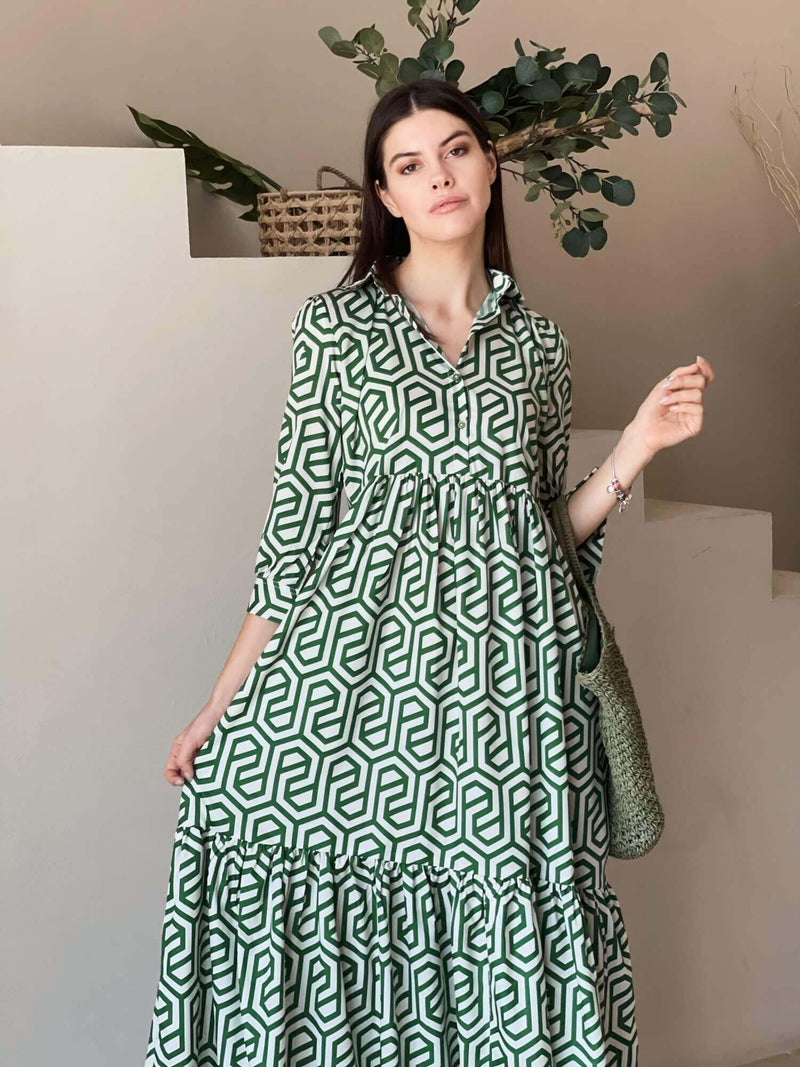 Geo Long Printed Dress In Green Dresses  - Sowears