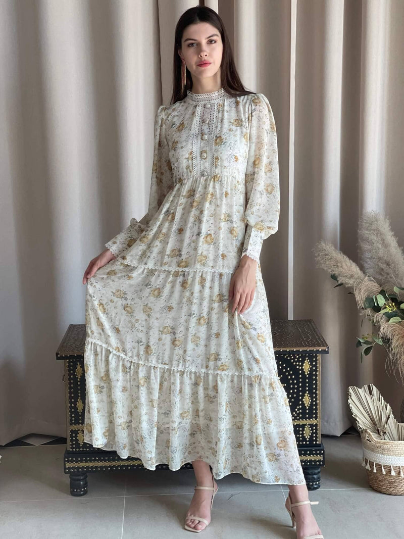Hanna Lace Dress In Offwhite Floral Dresses  - Sowears
