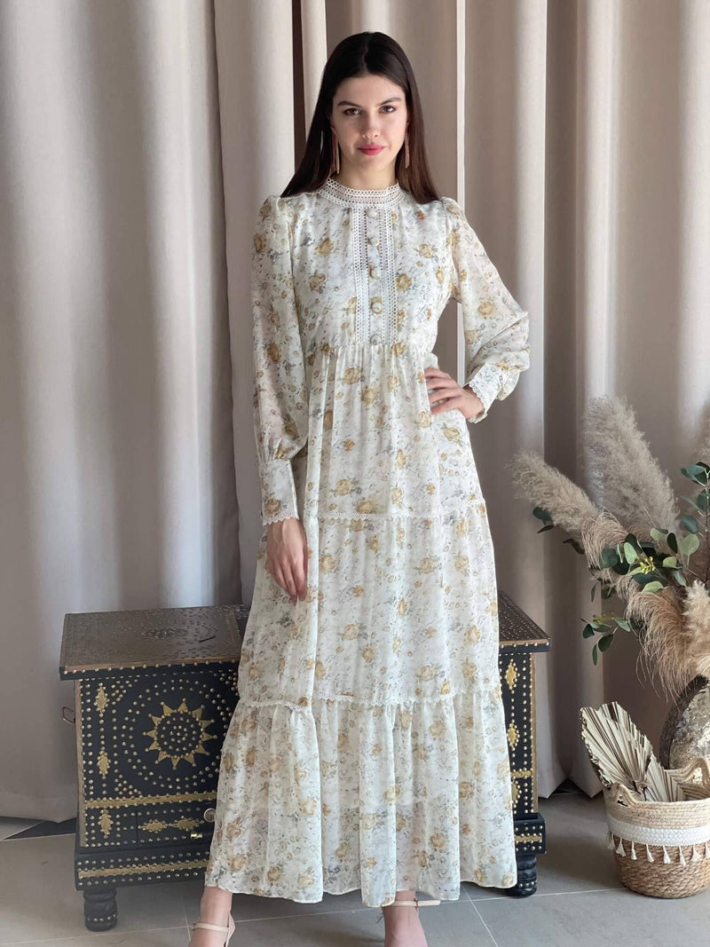 Hanna Lace Dress In Offwhite Floral Dresses  - Sowears