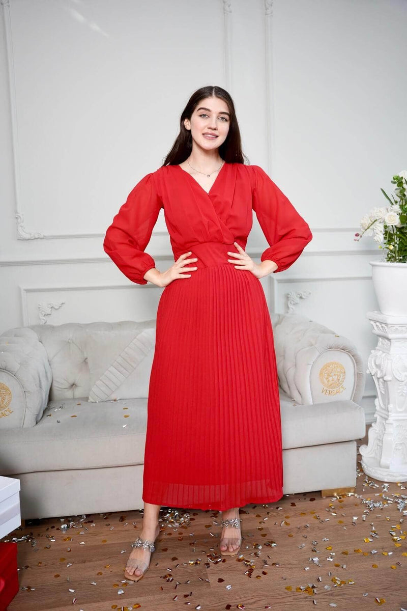 model wearing pleated red dress by sowears