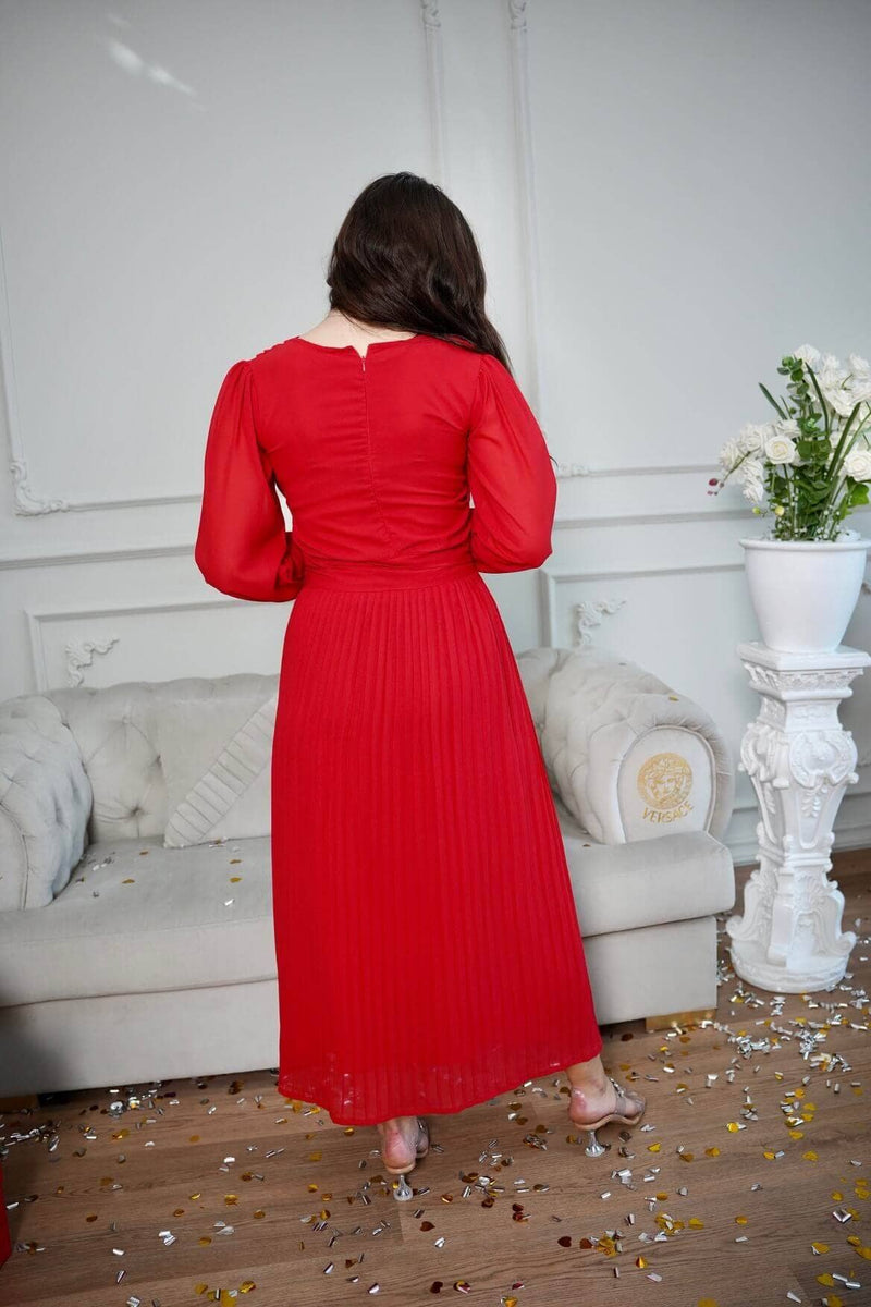 back of pleated red dress by sowears