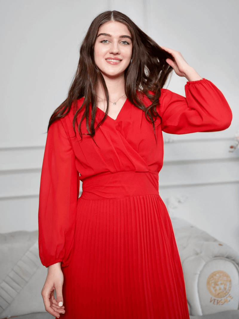 pleated red dress by sowears