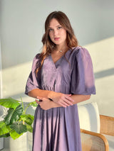 close up of lavender long purple velvet dress by sowears