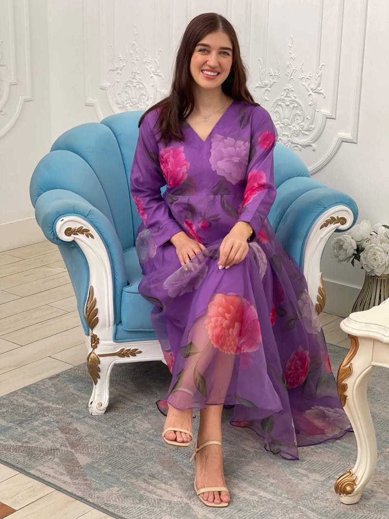 Lilac Organza Floral Dress Dresses  - Sowears
