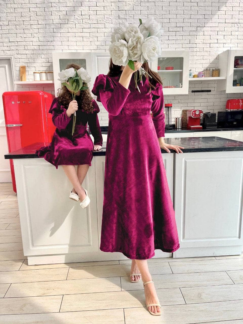 Mini Plum Velvet Frill Dress Dresses  - Sowears