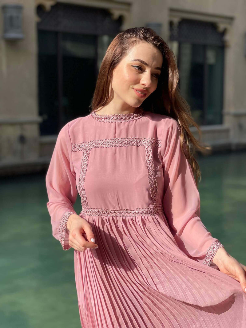 One Loved - Pleated Lacey Dress In Tea Pink Dresses  - Sowears
