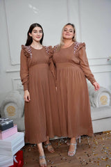 models wearing brunches brown pleated dress by sowears