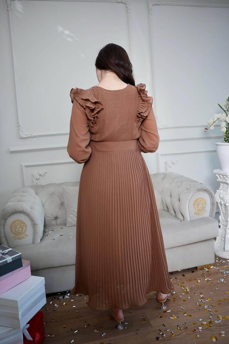 back of brown pleated dress by sowears
