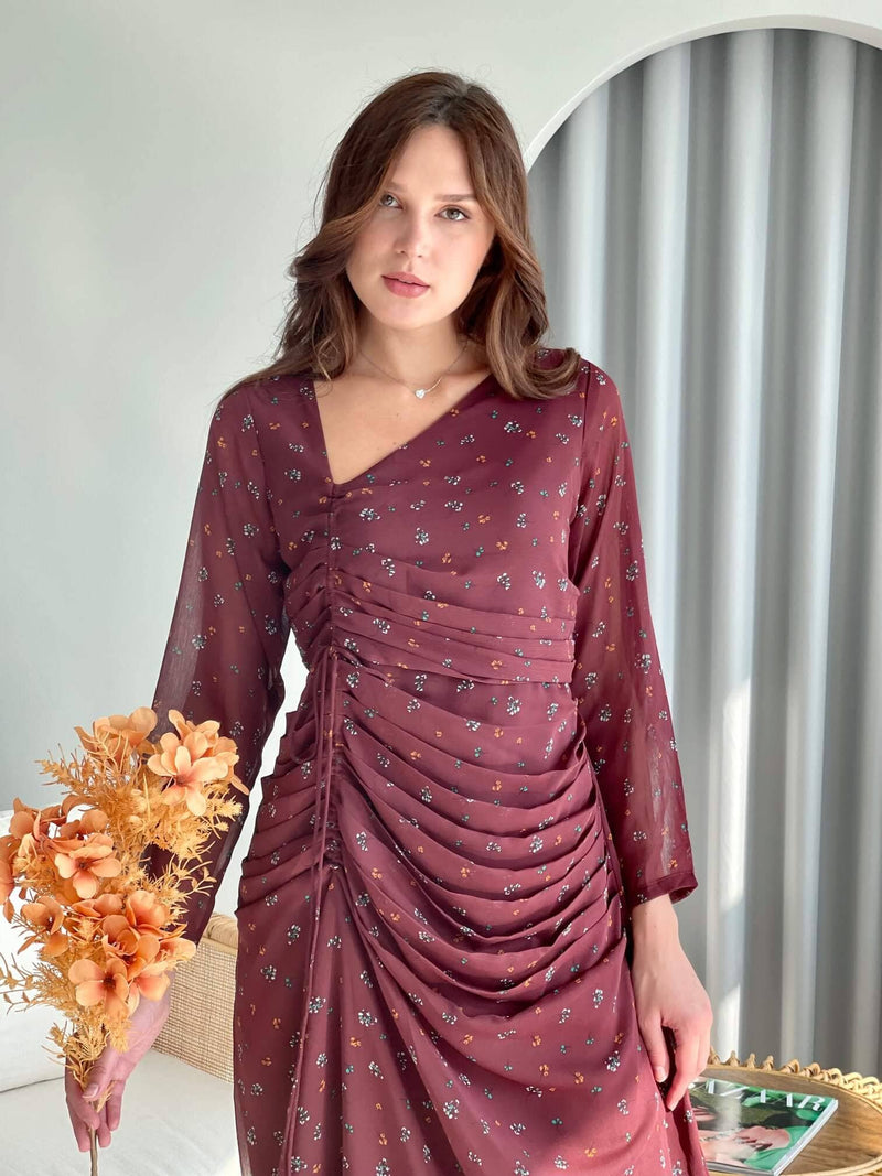Ruched Dress In Maroon Floral Dresses  - Sowears