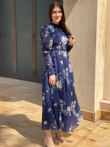 navy blue floral dress with flower imprinting