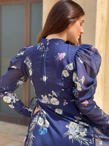 back of navy blue floral dress by sowears