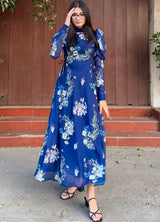 customer wearing our navy blue floral dress
