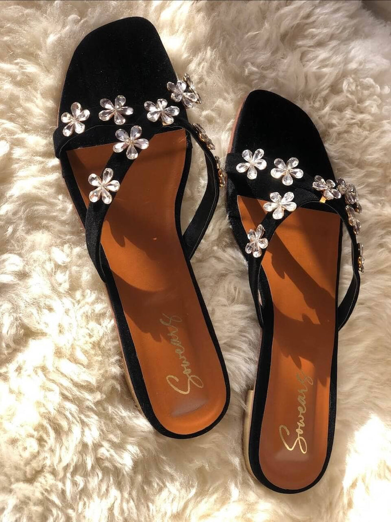 Black Floral Flats Shoes  - Sowears