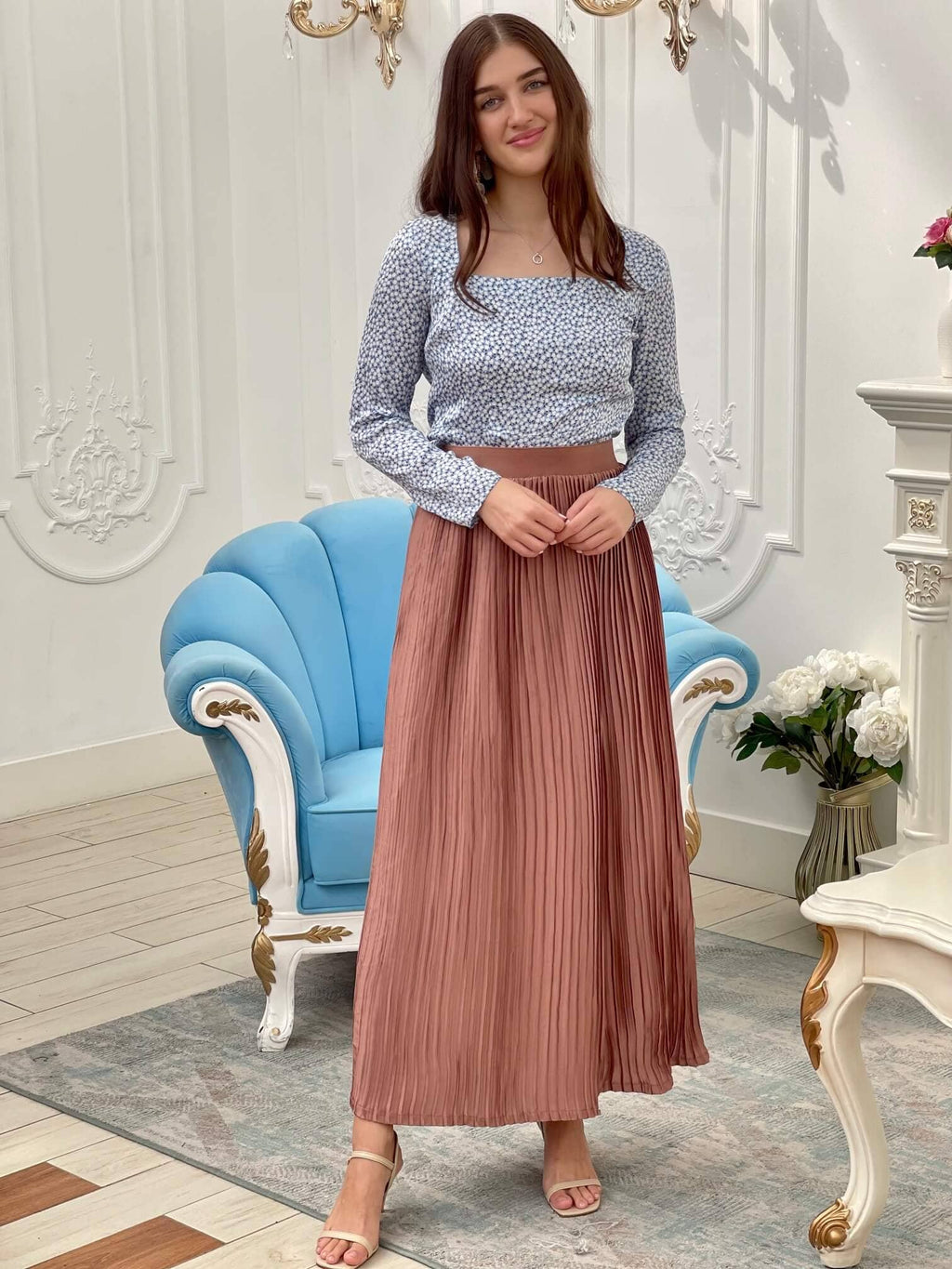 Buy Champagne Pleated Midi Skirt Sowears